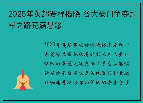 2025年英超赛程揭晓 各大豪门争夺冠军之路充满悬念