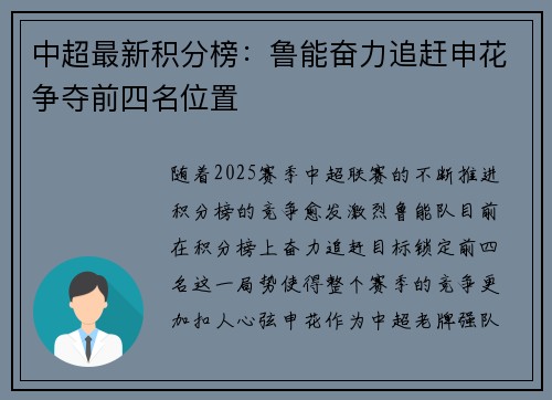 中超最新积分榜：鲁能奋力追赶申花争夺前四名位置